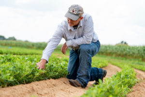 Man kneeling in a field.