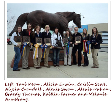 The Texas A&M Horse Judging Team standing in front of a horse sculpture. From left to right are Toni Kean, Alicia Erwin, Caitlin Scott, Alycia Crandall, Alexis Swan, Alexisw Duhon, Braedy Thomas, Kaitlin Farmer and Melanie Armstrong.
