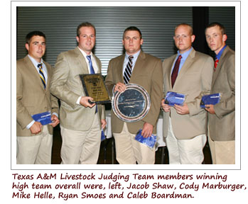 Texas A&M Livestock Judging Team members. Left to right: Jacob Shaw, Cody Marburger, Mike Helle, Ryan Smoes and Caleb Boardman.