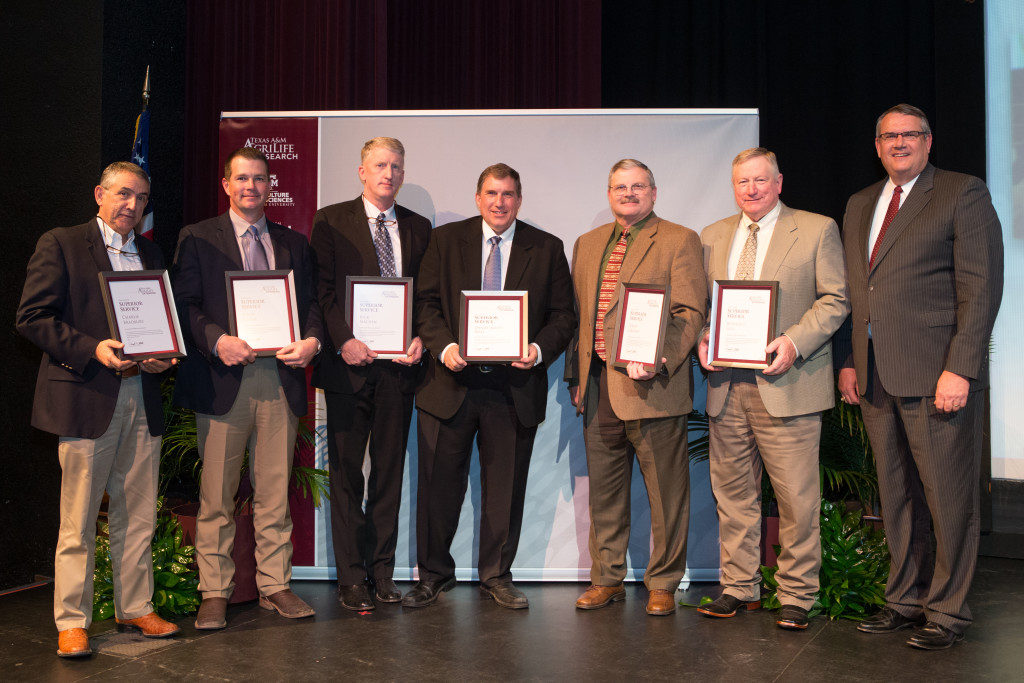 From Left: Russell Woodward of the Texas Beef Council, Jason Cleere, Rick Machen, Dan Hale, Davey Griffin, and Ron Gill, AgriLife Extension specialists and Doug Steele, Director, Texas A&M AgriLife Extension Service