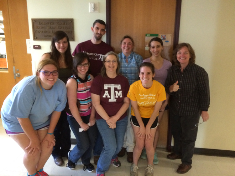 Dr. Riggs' lab personnel. Front left, Kendall Girault, Maisie Llewellyn, Suzanne Forman and Laine Tiedeman. Back left, Kristyn Burton, Dustin Therrien, Kelli Kochan, Miranda Freeman and Penny Riggs.