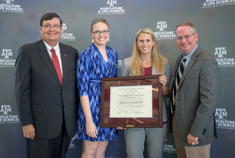 from left to right, Dr. Mark Hussey, vice chancellor and dean of the College of Agriculture and Life Sciences; Kallie Fuchs, president of COALS Student Council; Dr. Josie Coverdale, associate professor; and Marty Holmes, vice president of the Association of Former Students.