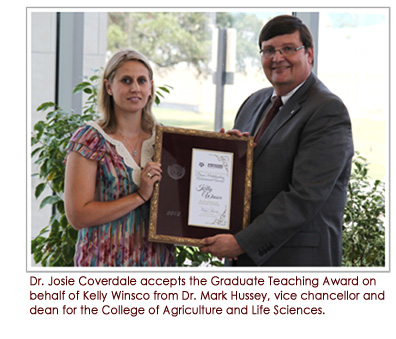 Dr. Josie Coverdale accepts the Graduate Teachin Award on behalf of Kelly Winsco from Dr. Mark Hussey, vice chancellor and dean for the College of Agriculture and Life Sciences.