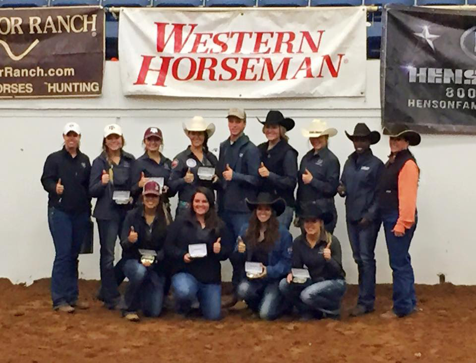 The Texas A&M Stock Horse Team. Front row, from left to right: Anissa Cervera, Ellen Black, Morgan Merino and Rachel Sembera. Back left, Assistant coach Paige Linne, Haley Birkenfeld, Kylie Reis, Kyla Kalinowski, Lane Birkenfeld, Madison Crum, Sarah Savage, Coach Michelle Glover, and Kim Lindsey, executive director of SHOT.