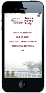 A graphic of what the Texas Horse Help app looks like on an Apple iPhone.