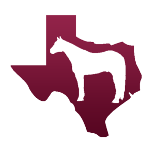 A logo with the state of Texas in a maroon color and a horse silhouette superimposed.
