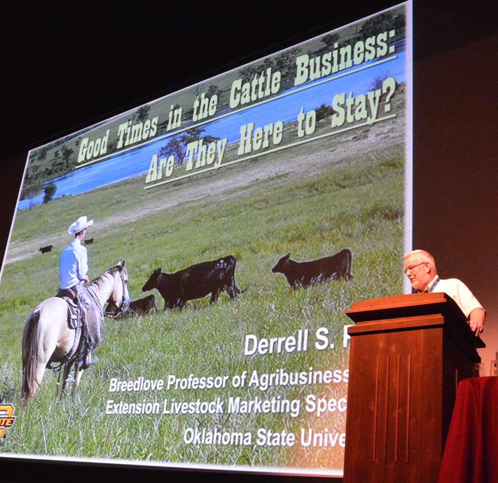 Dr. Derrell Peel, Oklahoma State University livestock marketing economist, speaking to the audience.
