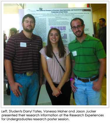 Students Darryl Yates, left, Vanessa Maher, center, and Jason Jucker presented their research information at the Research Experiences for Undergraduates research poster session.