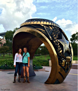Anne Burkholder, the Feedyard Foodie, and her daughter Megan at Texas A&M University standing in front of the giant Aggie Ring.