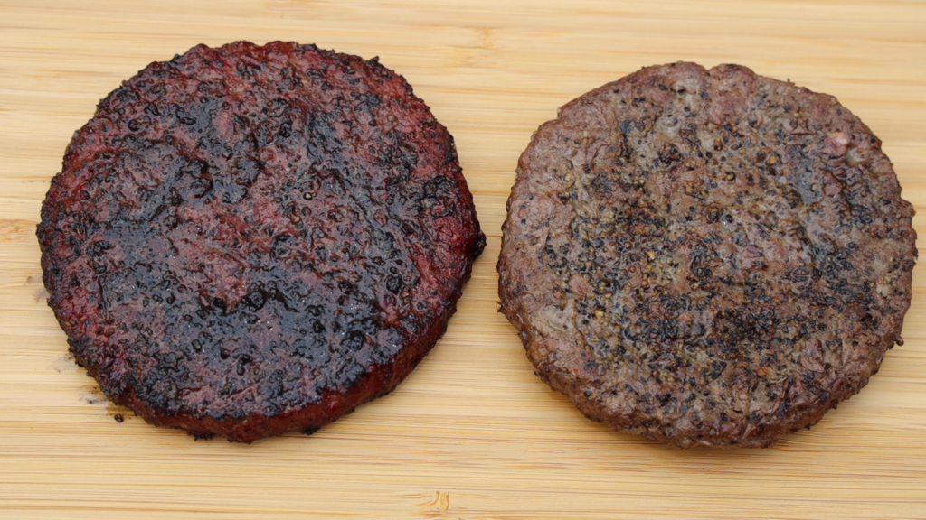 A grilled ground beef patty and a smoked patty are side by side.