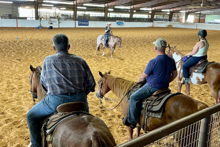 People riding horses are listening to an instructor.