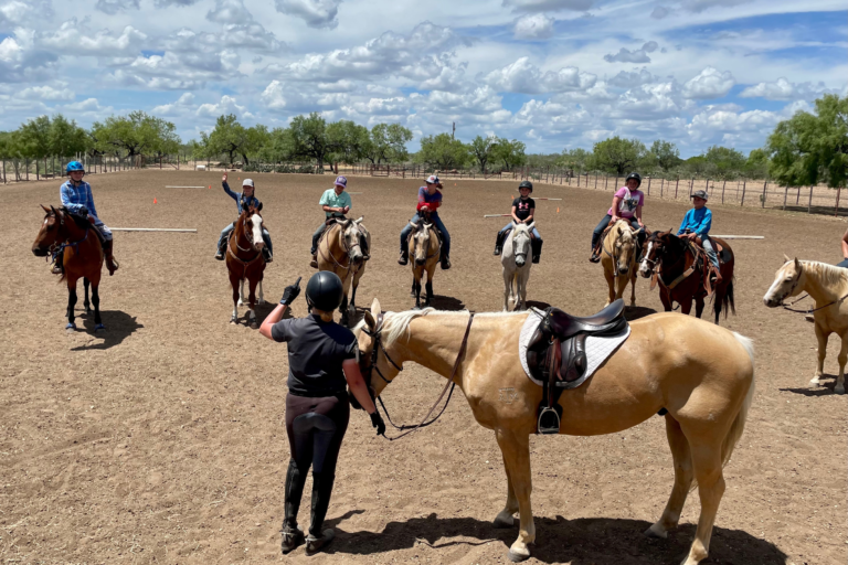 Participants sitting on their horses listening to an instructor who is standing with her horse.