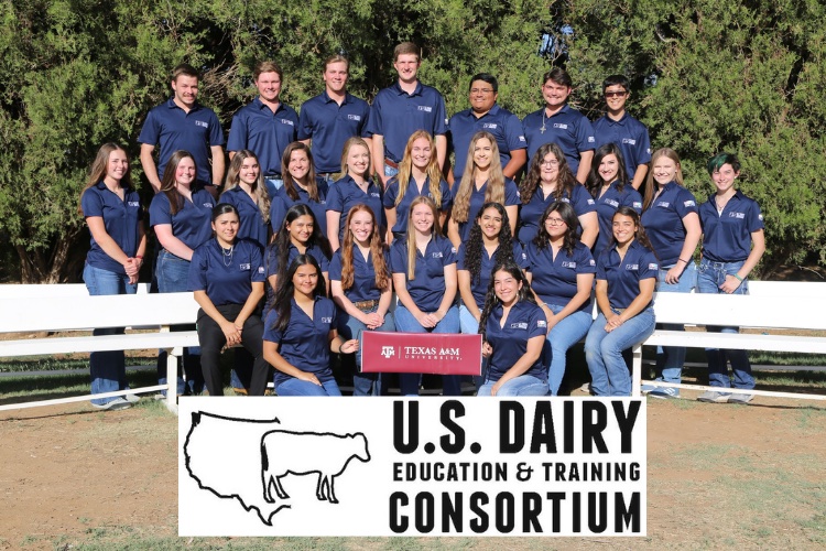 Sixteen students are grouped together for a photo. They are wearing jeans and dark blue shirts. The U.S. Dairy Education and Training Consortium is superimposed in the photo at the bottom.