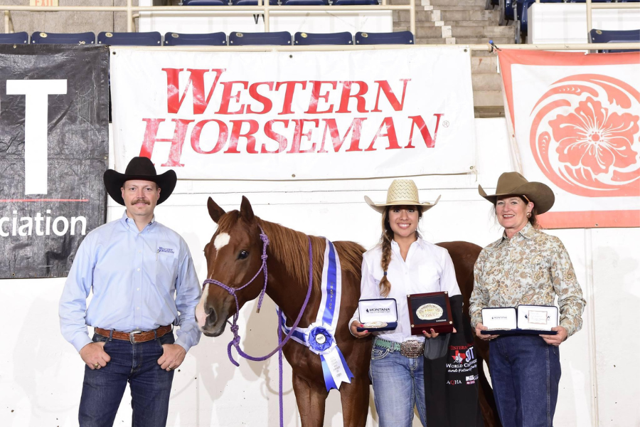 3 people posing with horse while holding awards