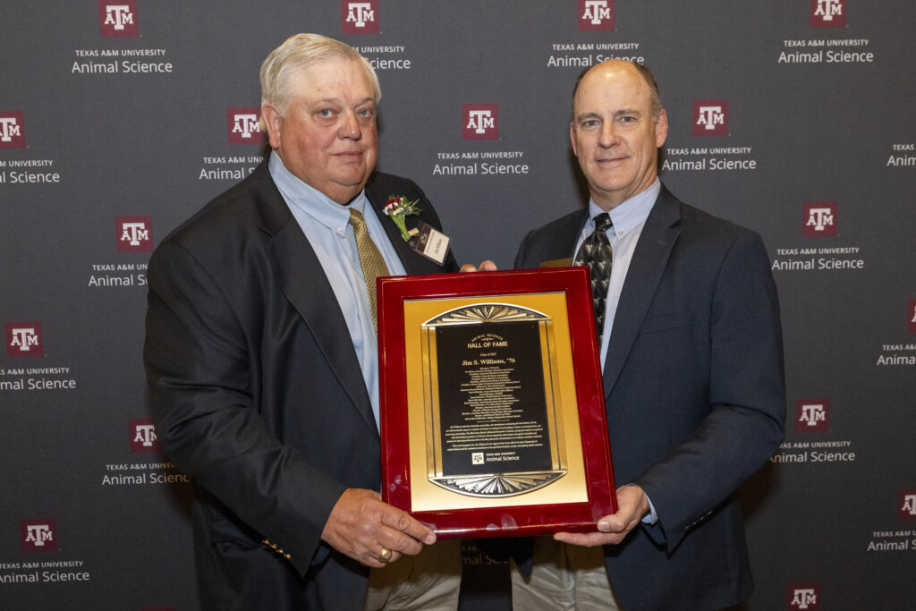 Clay Mathis, Ph.D., Department of Animal Science professor and department head, with Jim Williams on Friday, Apr 25, 2025, in College Station, Texas.
