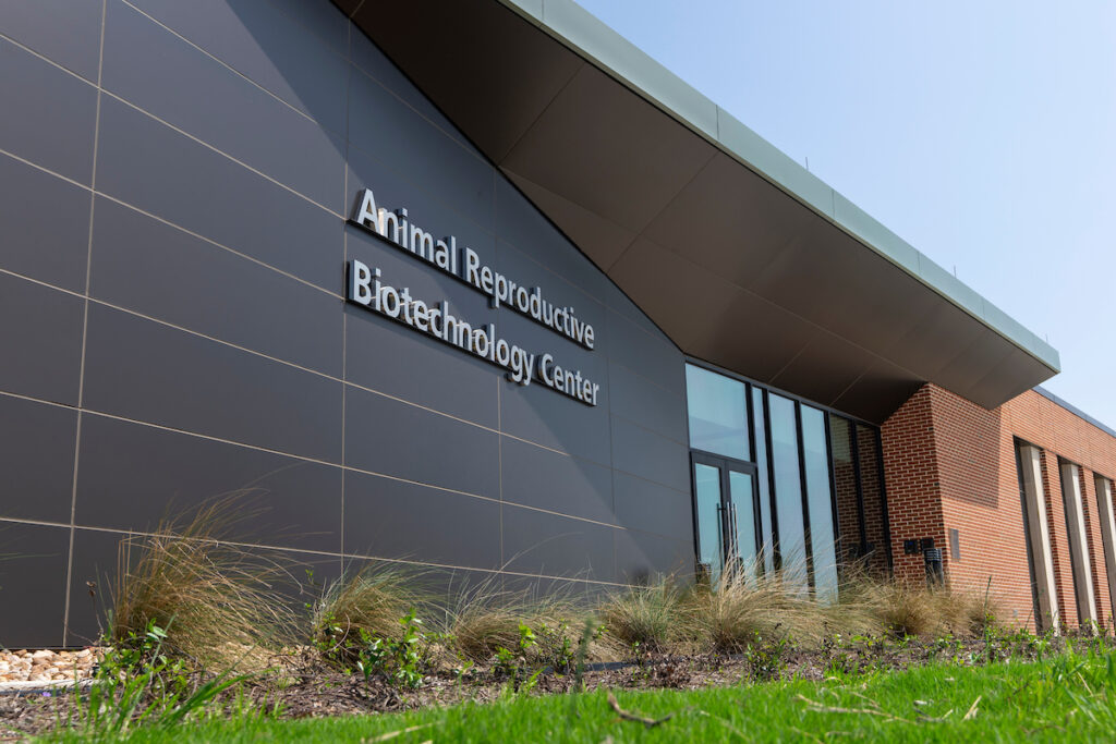 Modern building facade with text reading Animal Reproductive Biotechnology Center, one of the Animal Science facilities.