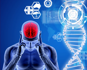 A graphic of a person holding his or her head with illustrations of a DNA molecule and other icons behind.