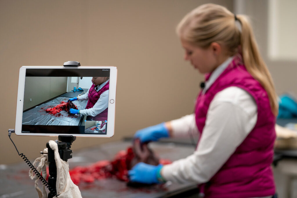 A person holds an iPad recording video of a presenter.