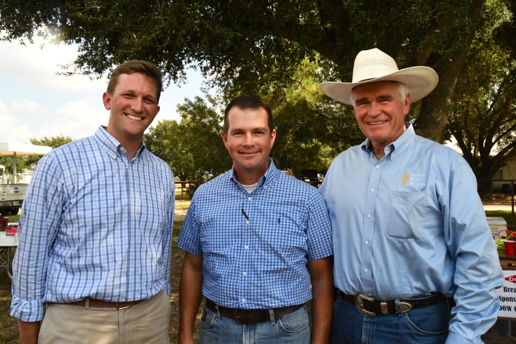 (Left) John Porter, deputy chief of staff and legislative director for U.S. Congressman Kevin Brady, Dr. Jason Cleere, Texas A&M AgriLife Extension Service beef cattle specialist, and Gerald Sullivan, co-owner of Santa Rosa Ranch. (Texas A&M AgriLife Extension Service photo by Blair Fannin)