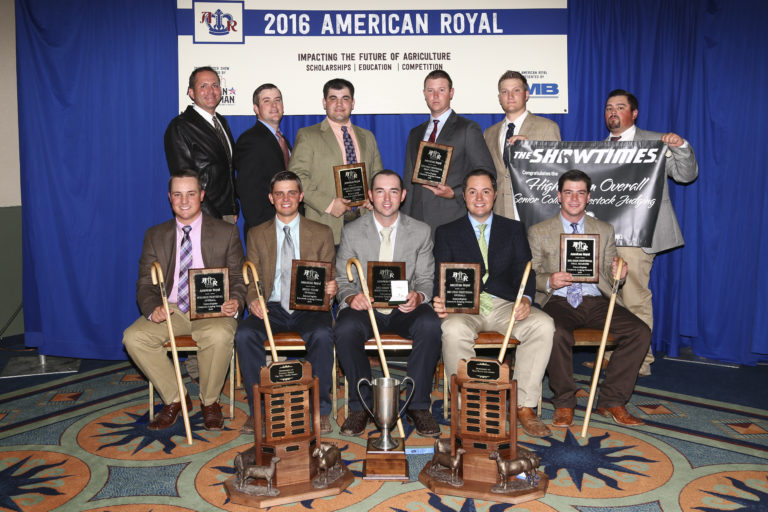 The Texas A&M Livestock Judging Team. Back (L to R): Brant Poe-coach, Keaton Dodd-coach, Brantley Bordovsky, Wayne Morse, Denton Lowe, Owen Macfarlane-student assistant