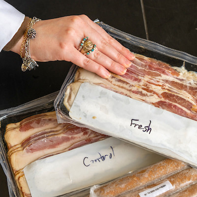 Meat products made without the addition of sodium nitrite are pictured at a lab in Kleberg.