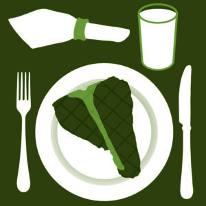 Graphic of a table setting. The plate has a piece of steak on it. The plate is surrounded by a fork and a knife as well as a napkin and a glass. 