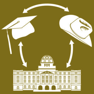 A graphic showing a cycle between a graduation cap, cowboy hat, and the A&M academic building. 