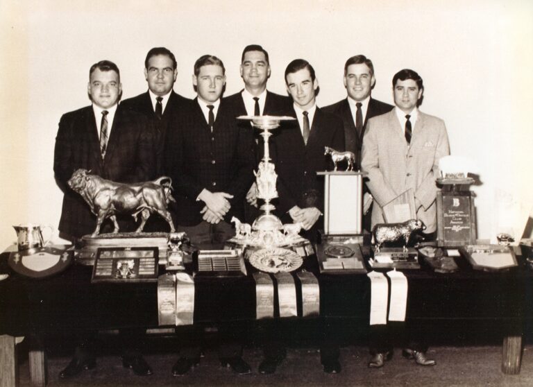 The 1966 National Champion Livestock Judging Team consisted of, left to right front row: Spencer Tanksley, David Wolfe, Jim Sanders and Larry Boleman. Back row: Roy Birk, L.D. Wythe, Ph.D., and John McNeill. (Courtesy photo)