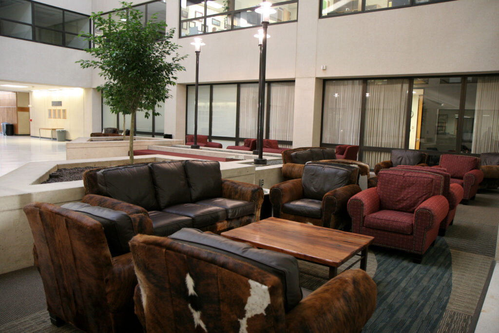 The lobby area of he Howard Hesby Student Atrium featuring multiple couches, lighting and a little tree.