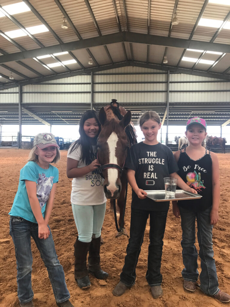 Four kids taking a picture with a horse.