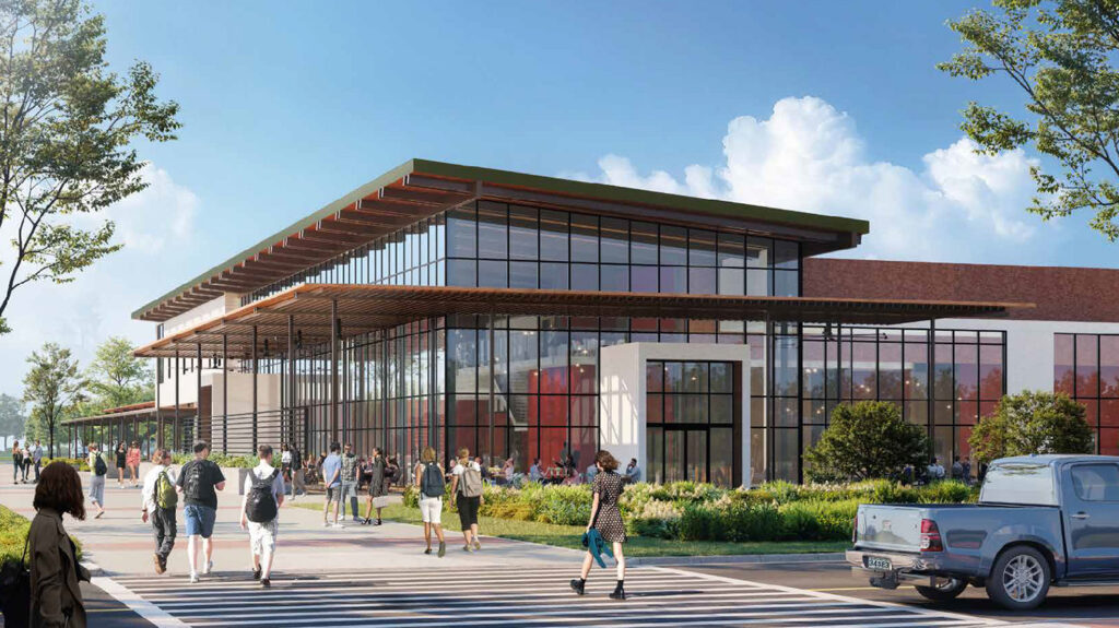 an artist's rendering of the new Meat Science and Technology Center, a large building with a glass facade